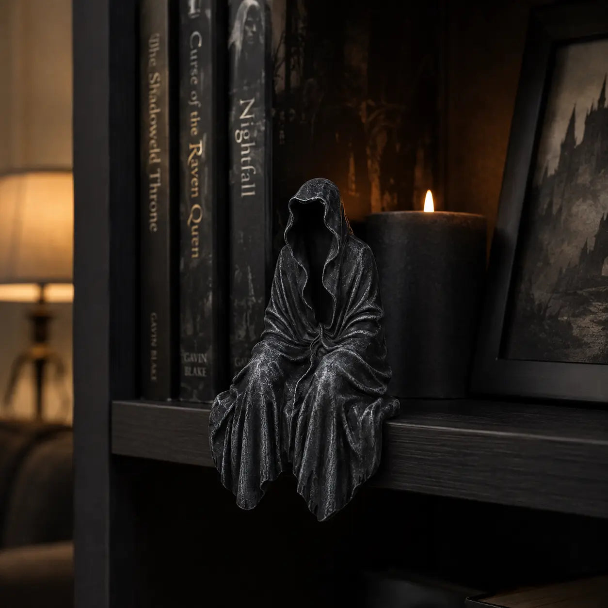 Gothic Black Robe Sitting Statue – Dark Fantasy Shelf Decor