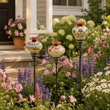 Vintage Ceramic Hummingbird Feeder Garden Stake – Hand-Painted Floral Outdoor Decor