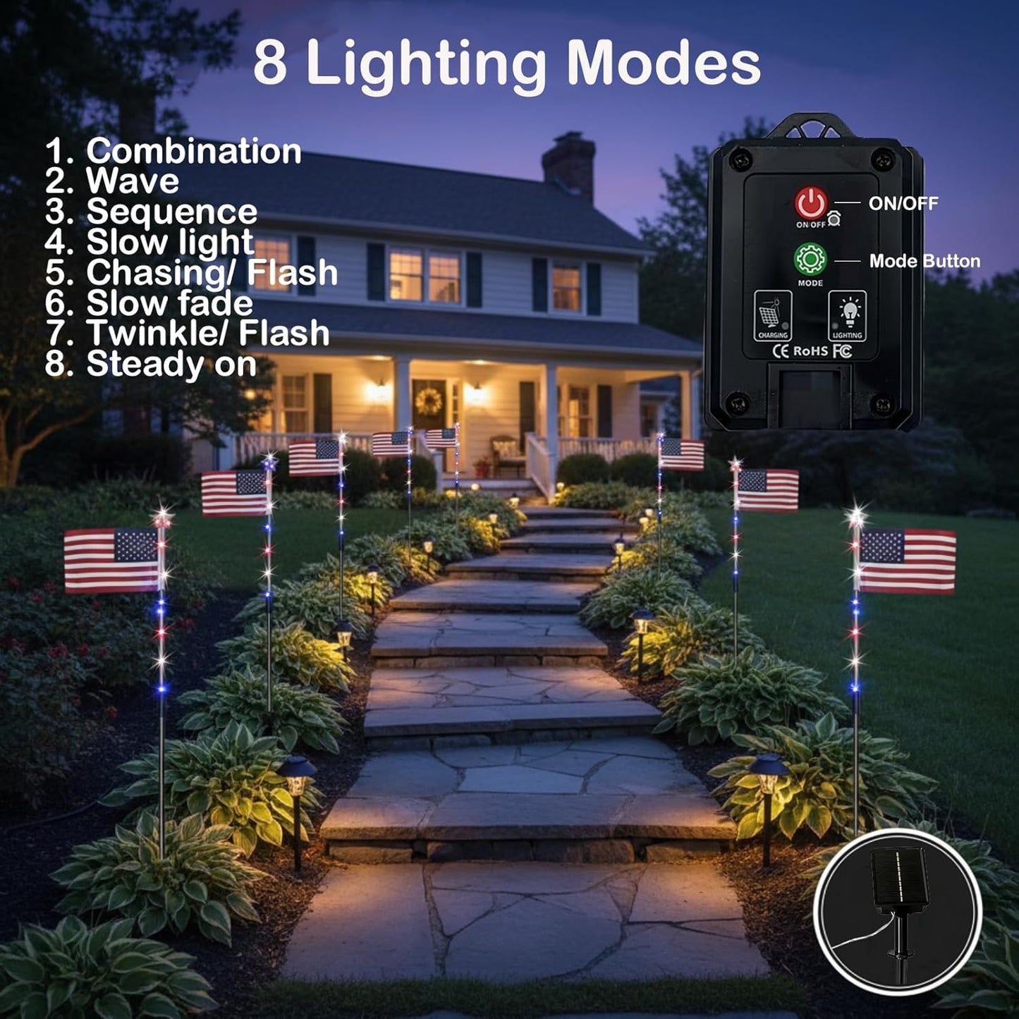 8 Solar American Flag Pathway Lights – Red, White & Blue Yard Glow for 250th Independence Celebration