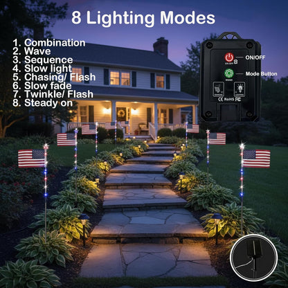 8 Solar American Flag Pathway Lights – Red, White & Blue Yard Glow for 250th Independence Celebration