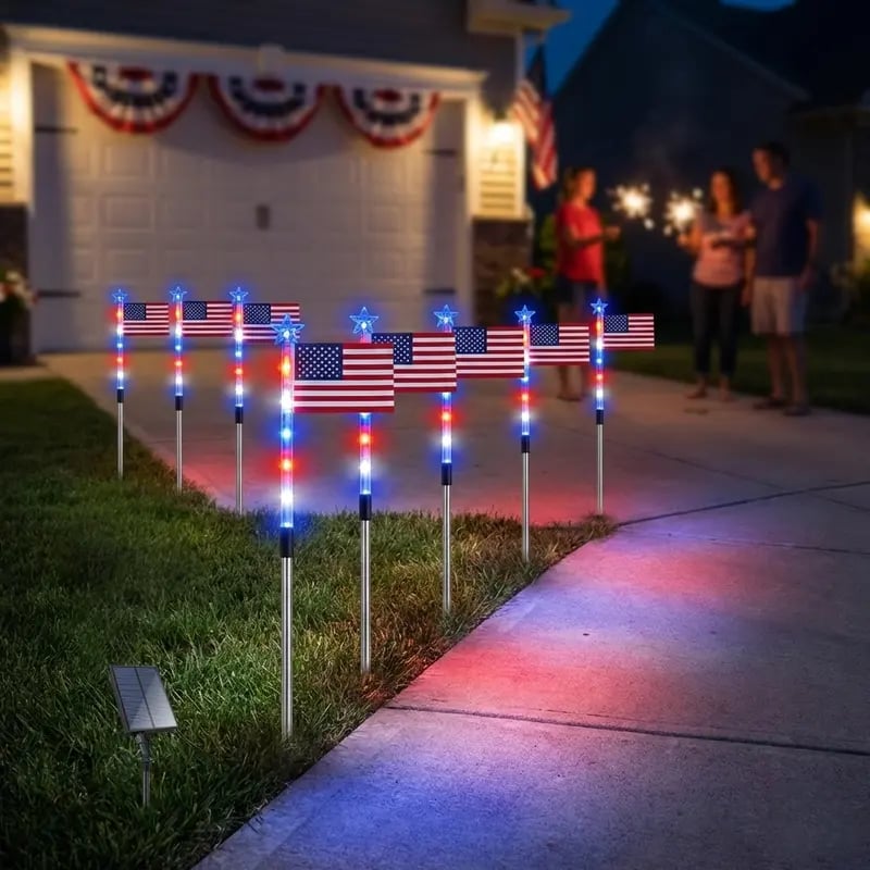 8 Solar American Flag Pathway Lights – Red, White & Blue Yard Glow for 250th Independence Celebration