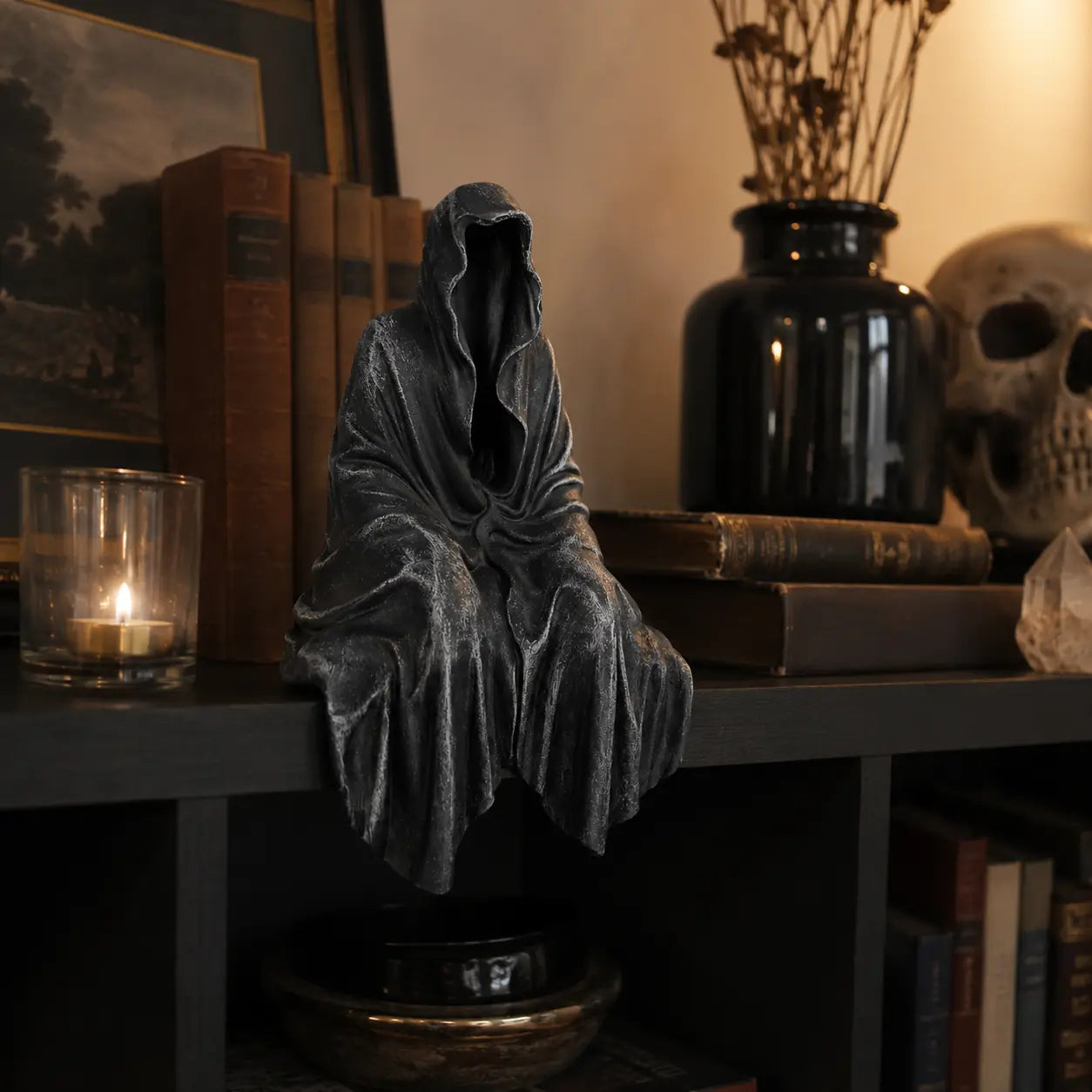 Gothic Black Robe Sitting Statue – Dark Fantasy Shelf Decor