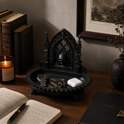 Gothic Cathedral Skull Jewelry Tray – Dark Vintage Desk Organizer