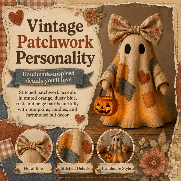 Autumn Patchwork Ghost Doll – Cozy Fall Shelf Decor with Pumpkin Accent