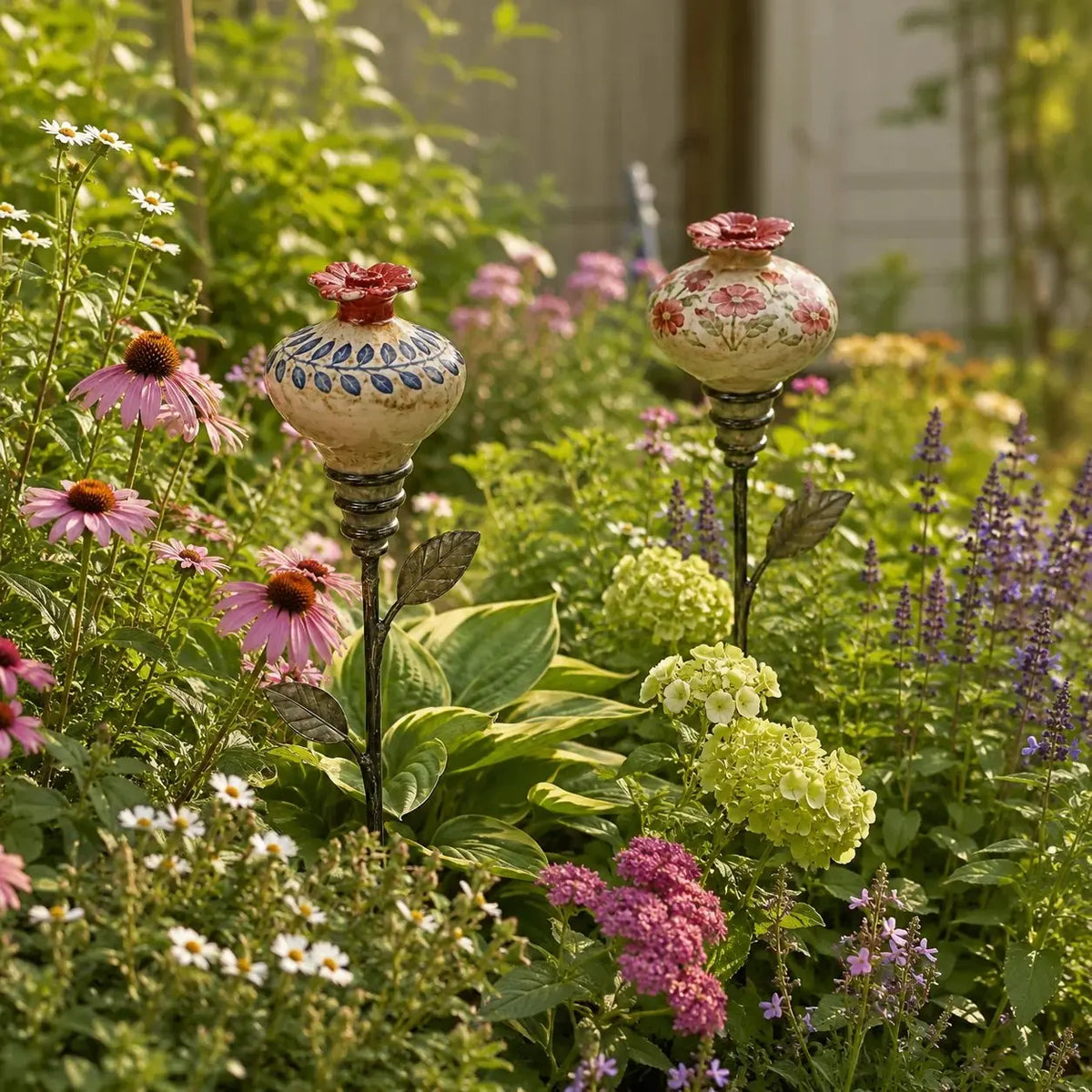Vintage Ceramic Hummingbird Feeder Garden Stake – Hand-Painted Floral Outdoor Decor