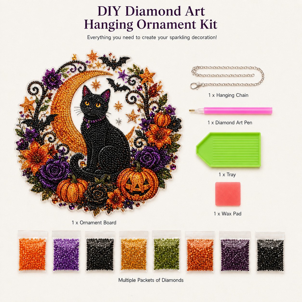 🎃🎃Black Cat Moon Diamond Art Hanging Ornament Kit – Relaxing DIY Halloween Craft