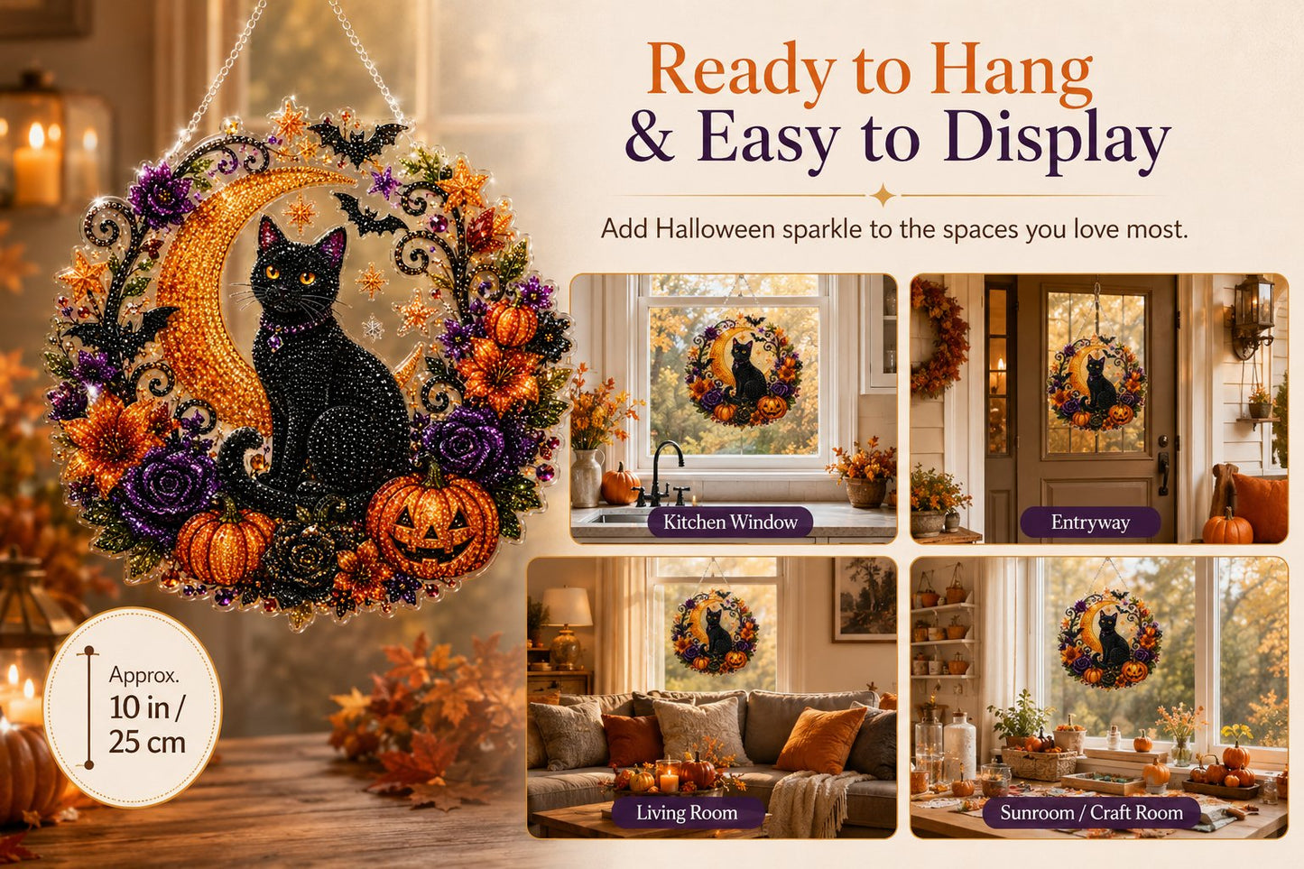 🎃🎃Black Cat Moon Diamond Art Hanging Ornament Kit – Relaxing DIY Halloween Craft
