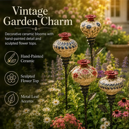 Vintage Ceramic Hummingbird Feeder Garden Stake – Hand-Painted Floral Outdoor Decor