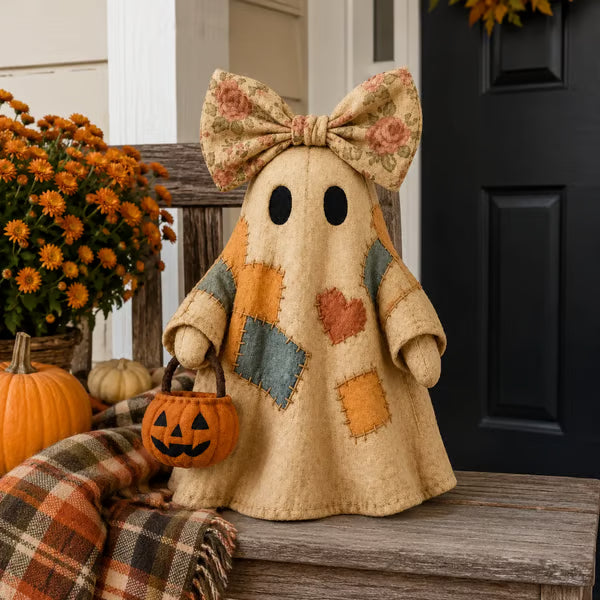 Autumn Patchwork Ghost Doll – Cozy Fall Shelf Decor with Pumpkin Accent