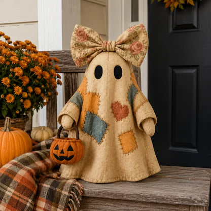 Autumn Patchwork Ghost Doll – Cozy Fall Shelf Decor with Pumpkin Accent
