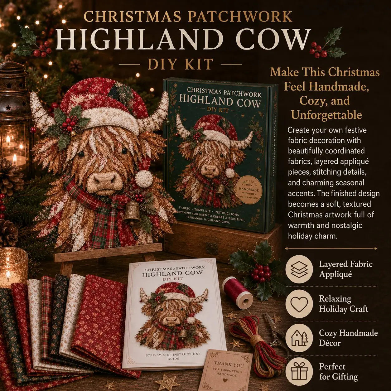 🎄 Christmas Patchwork Fabric DIY Kit – Handmade Holiday Decor