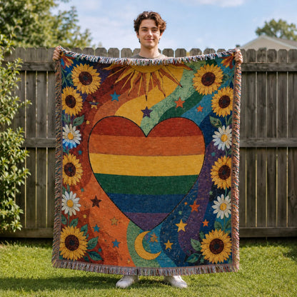 🏳️‍🌈2026 Handmade Woven Pride Blanket – Rainbow Heart Throw for Sofa, Bed & Wall Décor