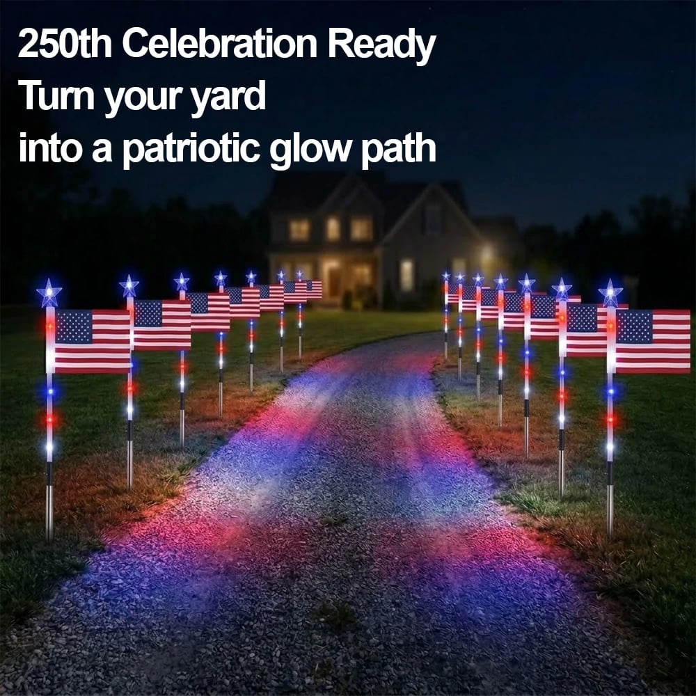 8 Solar American Flag Pathway Lights – Red, White & Blue Yard Glow for 250th Independence Celebration
