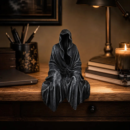Gothic Black Robe Sitting Statue – Dark Fantasy Shelf Decor