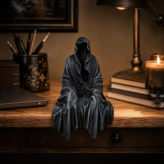 Gothic Black Robe Sitting Statue – Dark Fantasy Shelf Decor