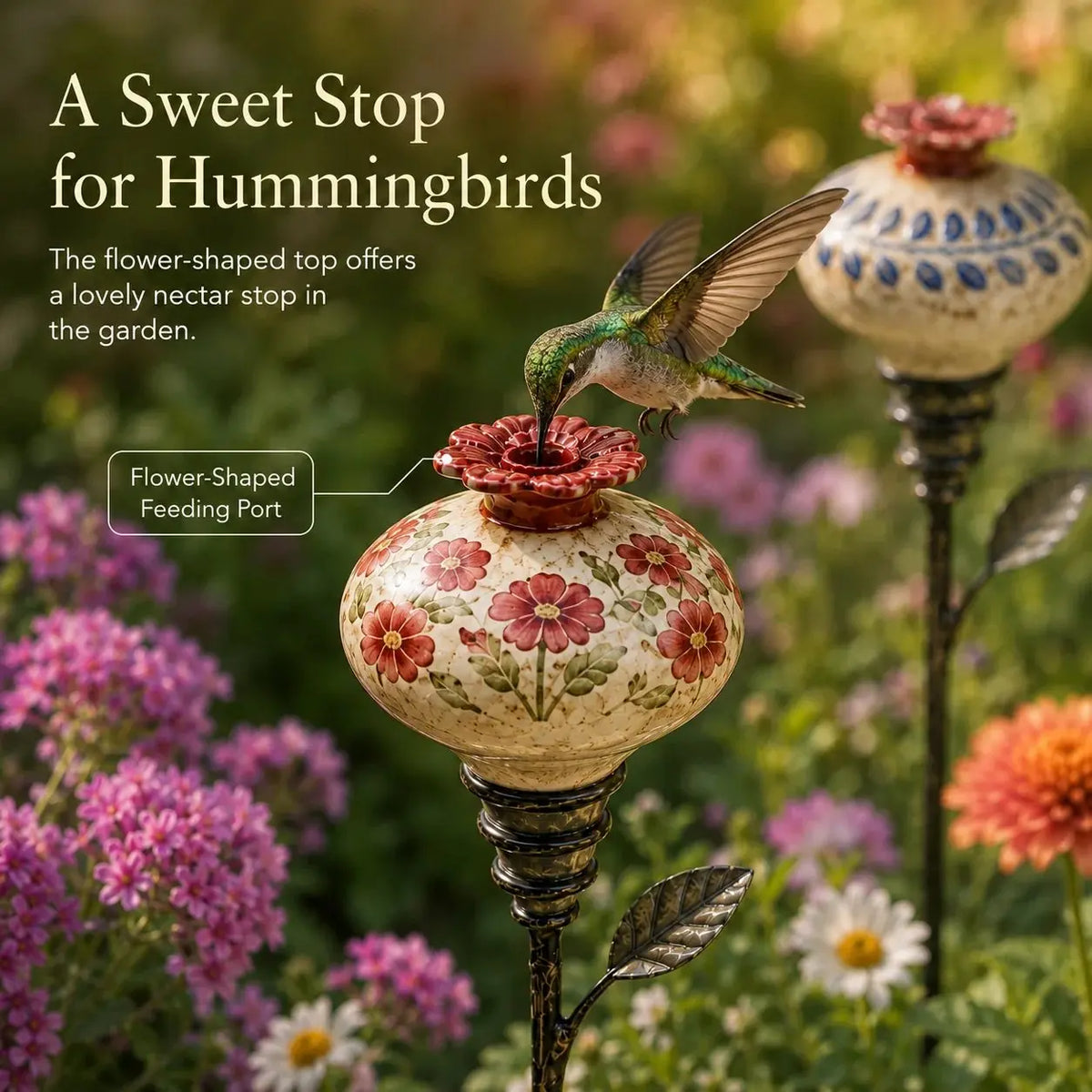 Vintage Ceramic Hummingbird Feeder Garden Stake – Hand-Painted Floral Outdoor Decor