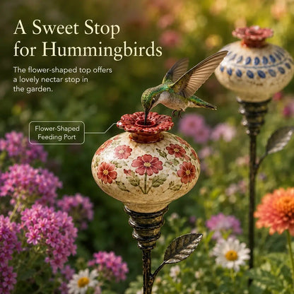 Vintage Ceramic Hummingbird Feeder Garden Stake – Hand-Painted Floral Outdoor Decor