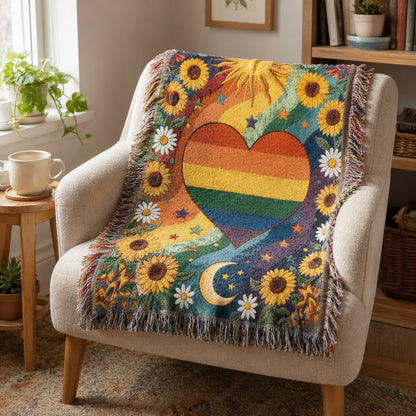 🏳️‍🌈2026 Handmade Woven Pride Blanket – Rainbow Heart Throw for Sofa, Bed & Wall Décor