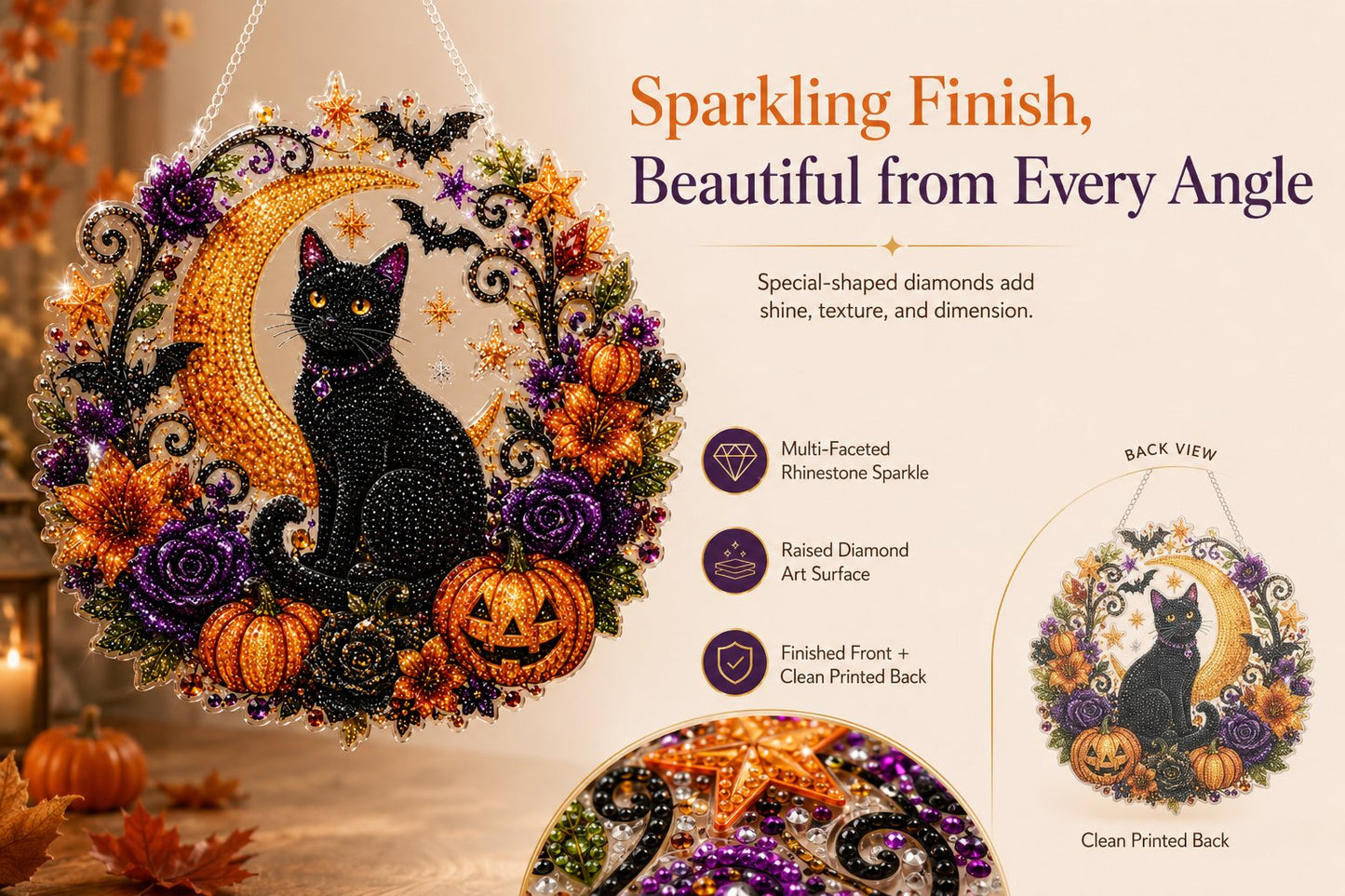 🎃🎃Black Cat Moon Diamond Art Hanging Ornament Kit – Relaxing DIY Halloween Craft
