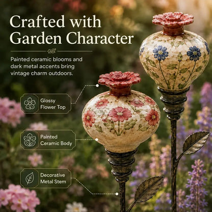 Vintage Ceramic Hummingbird Feeder Garden Stake – Hand-Painted Floral Outdoor Decor