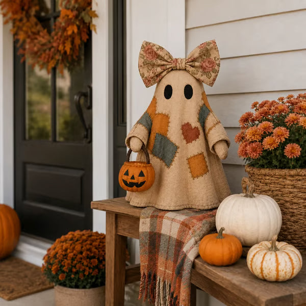 Autumn Patchwork Ghost Doll – Cozy Fall Shelf Decor with Pumpkin Accent