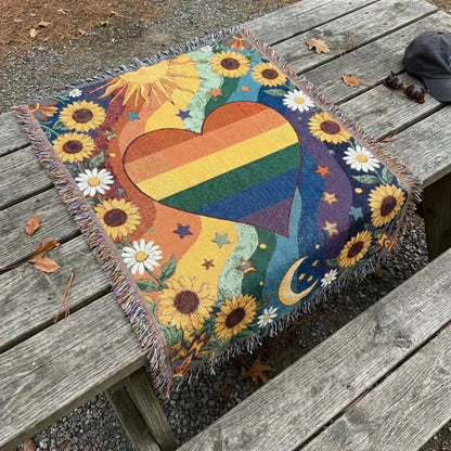 🏳️‍🌈2026 Handmade Woven Pride Blanket – Rainbow Heart Throw for Sofa, Bed & Wall Décor