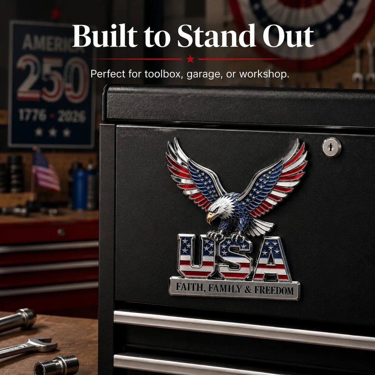 USA 250th Anniversary Metal Emblem | Faith, Family & Freedom Auto Badge