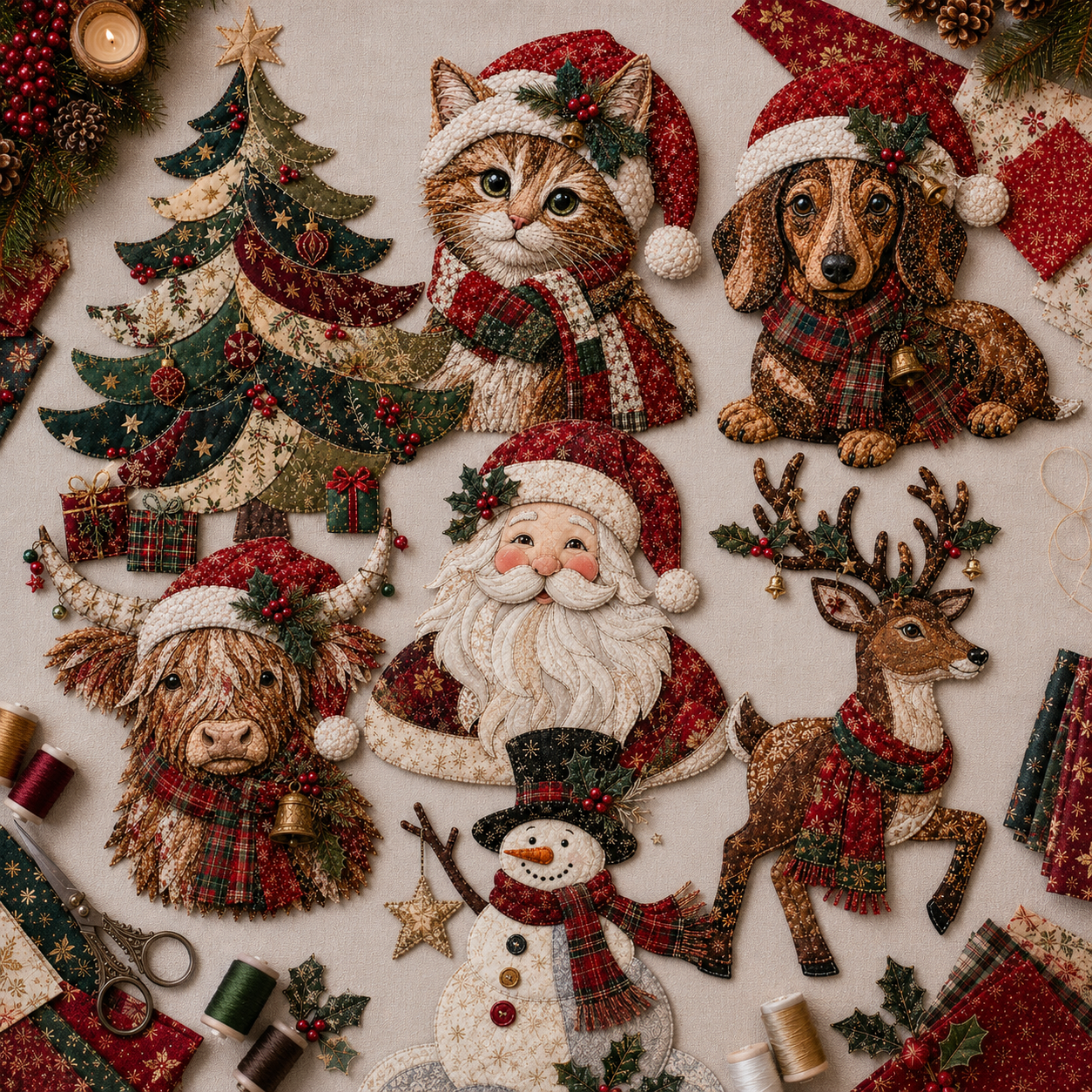 🎄 Christmas Patchwork Fabric DIY Kit – Handmade Holiday Decor