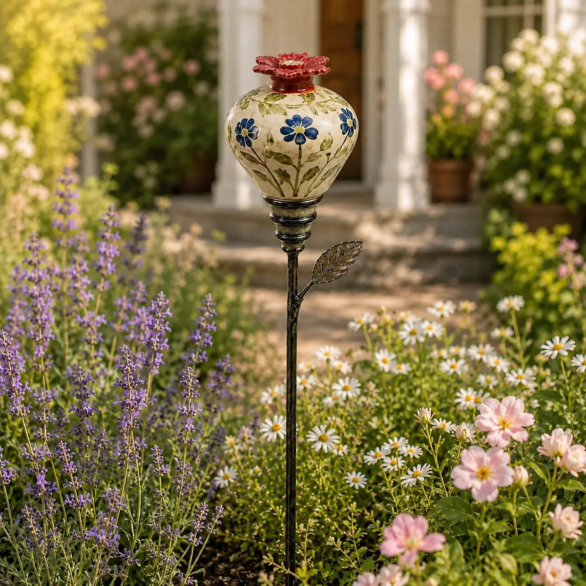 Vintage Ceramic Hummingbird Feeder Garden Stake – Hand-Painted Floral Outdoor Decor