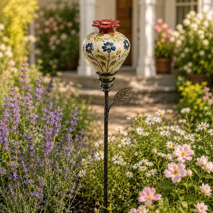 Vintage Ceramic Hummingbird Feeder Garden Stake – Hand-Painted Floral Outdoor Decor