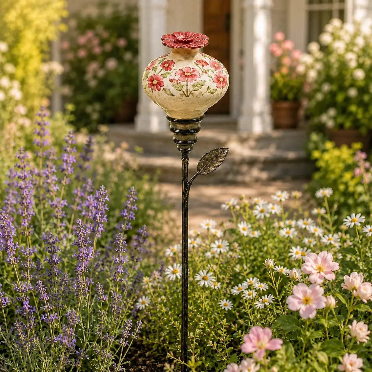 Vintage Ceramic Hummingbird Feeder Garden Stake – Hand-Painted Floral Outdoor Decor