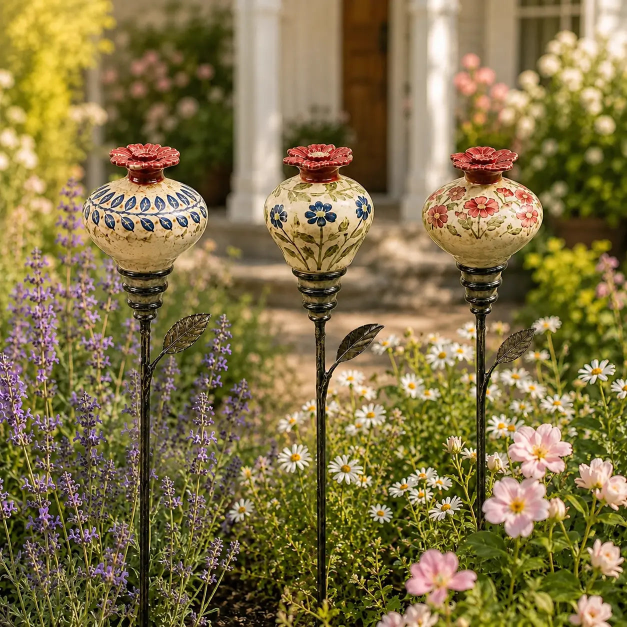Vintage Ceramic Hummingbird Feeder Garden Stake – Hand-Painted Floral Outdoor Decor