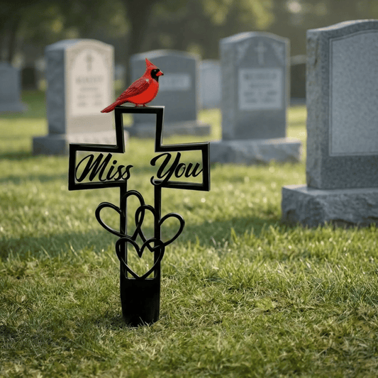 Cardinal "Miss You" Memorial Grave Marker – Metal Cross Cemetery Stake