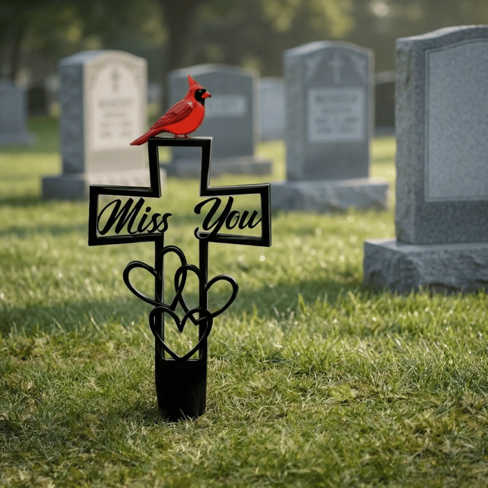 Cardinal "Miss You" Memorial Grave Marker – Metal Cross Cemetery Stake