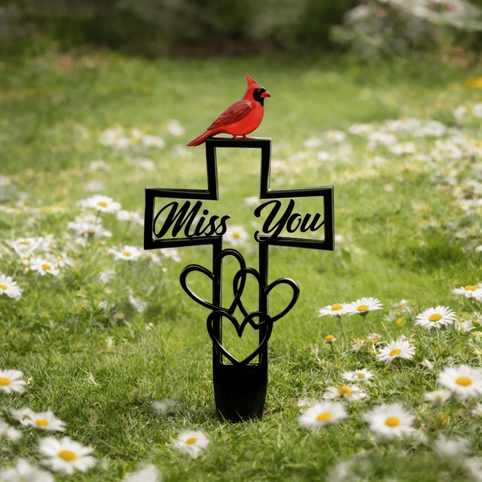 Cardinal "Miss You" Memorial Grave Marker – Metal Cross Cemetery Stake