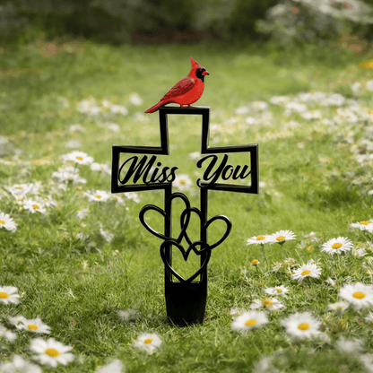 Cardinal "Miss You" Memorial Grave Marker – Metal Cross Cemetery Stake