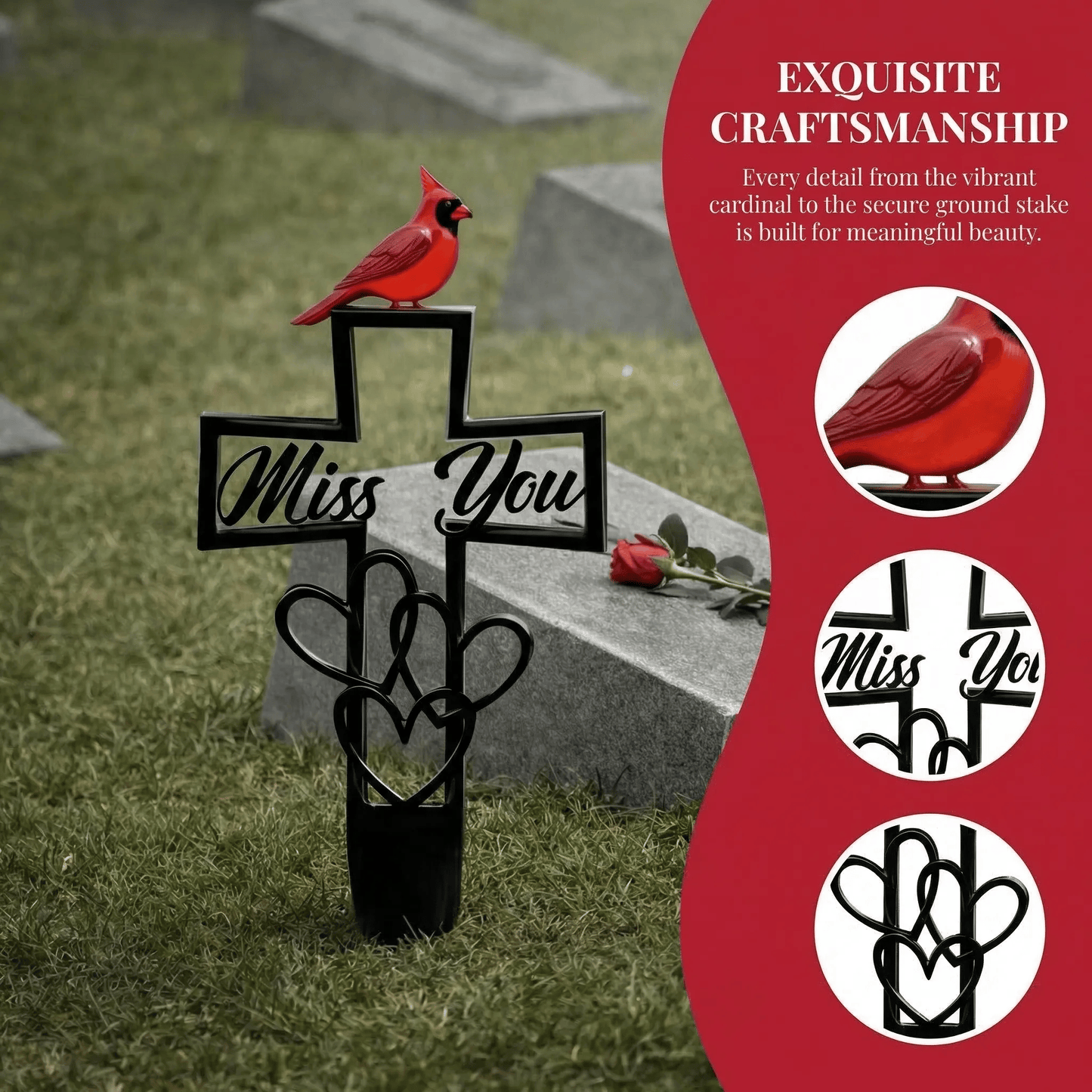Cardinal "Miss You" Memorial Grave Marker – Metal Cross Cemetery Stake