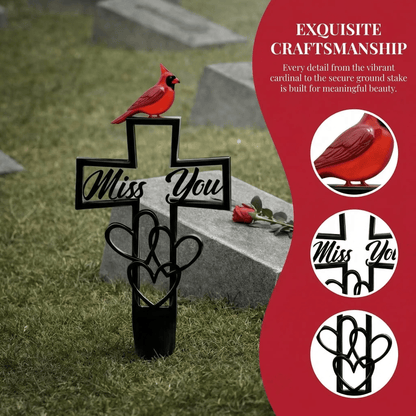 Cardinal "Miss You" Memorial Grave Marker – Metal Cross Cemetery Stake