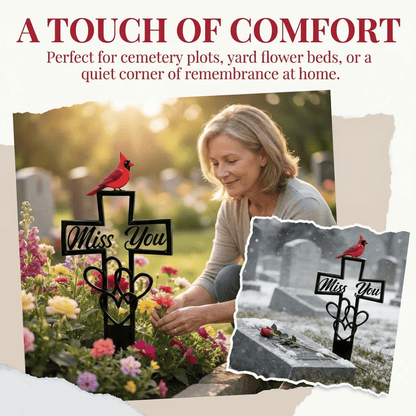 Cardinal "Miss You" Memorial Grave Marker – Metal Cross Cemetery Stake