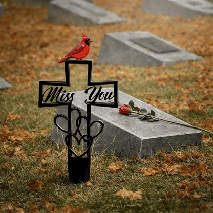 Cardinal "Miss You" Memorial Grave Marker – Metal Cross Cemetery Stake