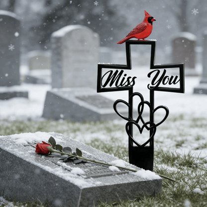 Cardinal "Miss You" Memorial Grave Marker – Metal Cross Cemetery Stake