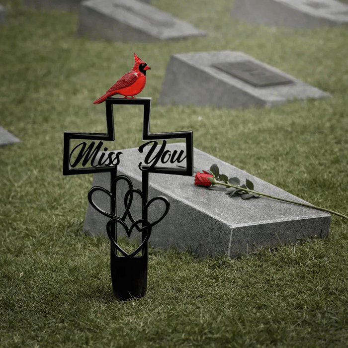 Cardinal "Miss You" Memorial Grave Marker – Metal Cross Cemetery Stake