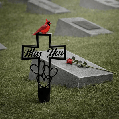 Cardinal "Miss You" Memorial Grave Marker – Metal Cross Cemetery Stake
