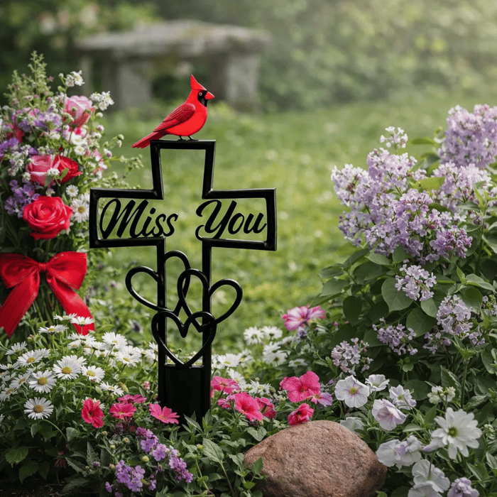 Cardinal "Miss You" Memorial Grave Marker – Metal Cross Cemetery Stake