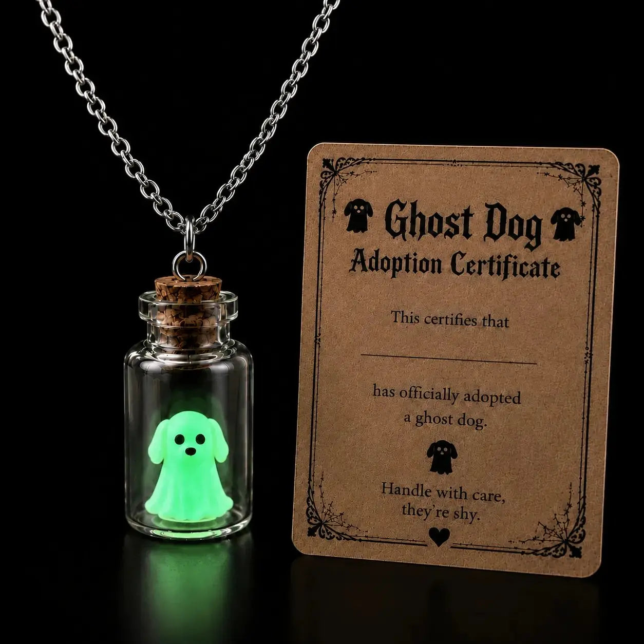 Ghost Adoption Necklace – Tiny Glowing Ghost in a Bottle
