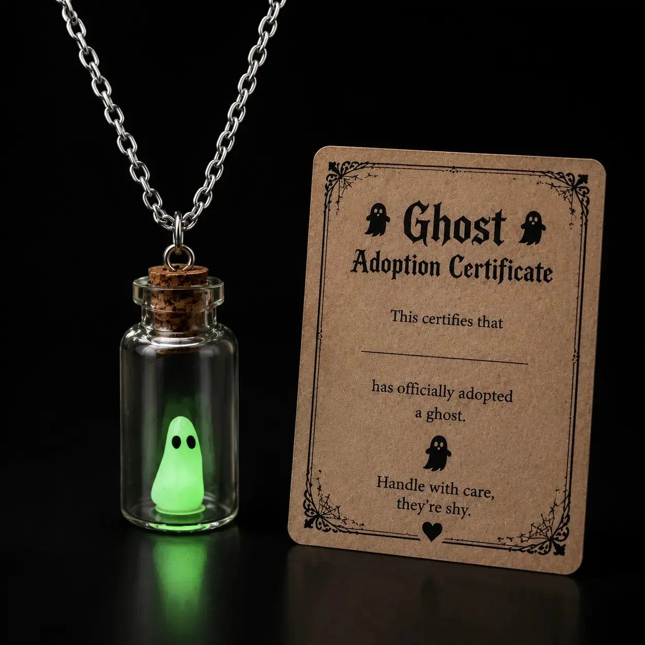Ghost Adoption Necklace – Tiny Glowing Ghost in a Bottle