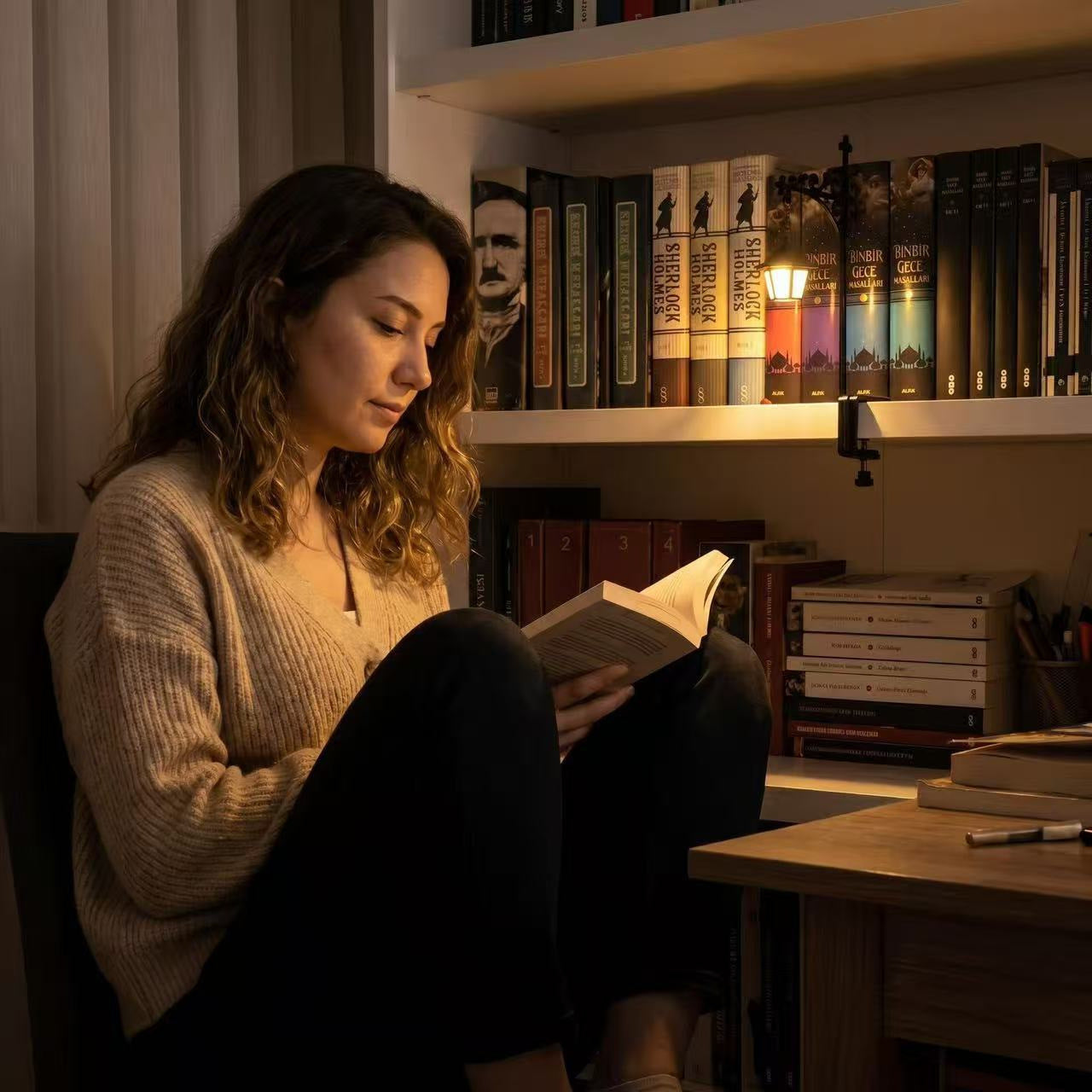 Reading Ghost Bookshelf Lantern – Cozy Reading Light for Book Lovers