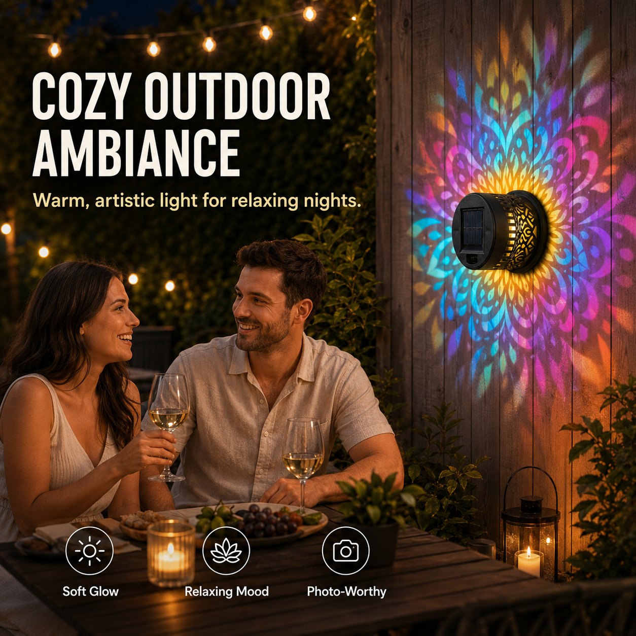 Solar Mandala Wall Light Projector for Garden, Patio & Fence Decor
