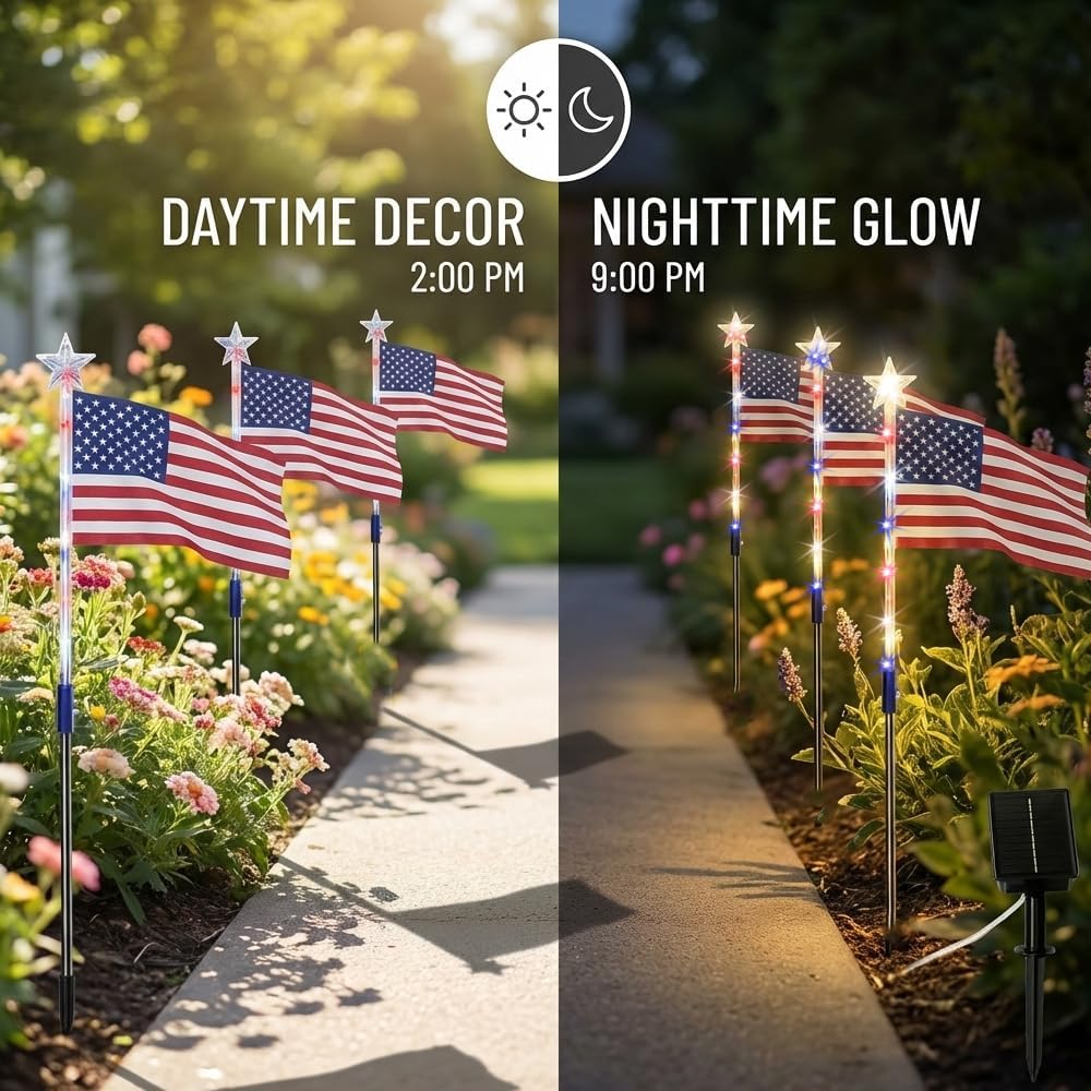 8 Solar American Flag Pathway Lights – Red, White & Blue Yard Glow for 250th Independence Celebration