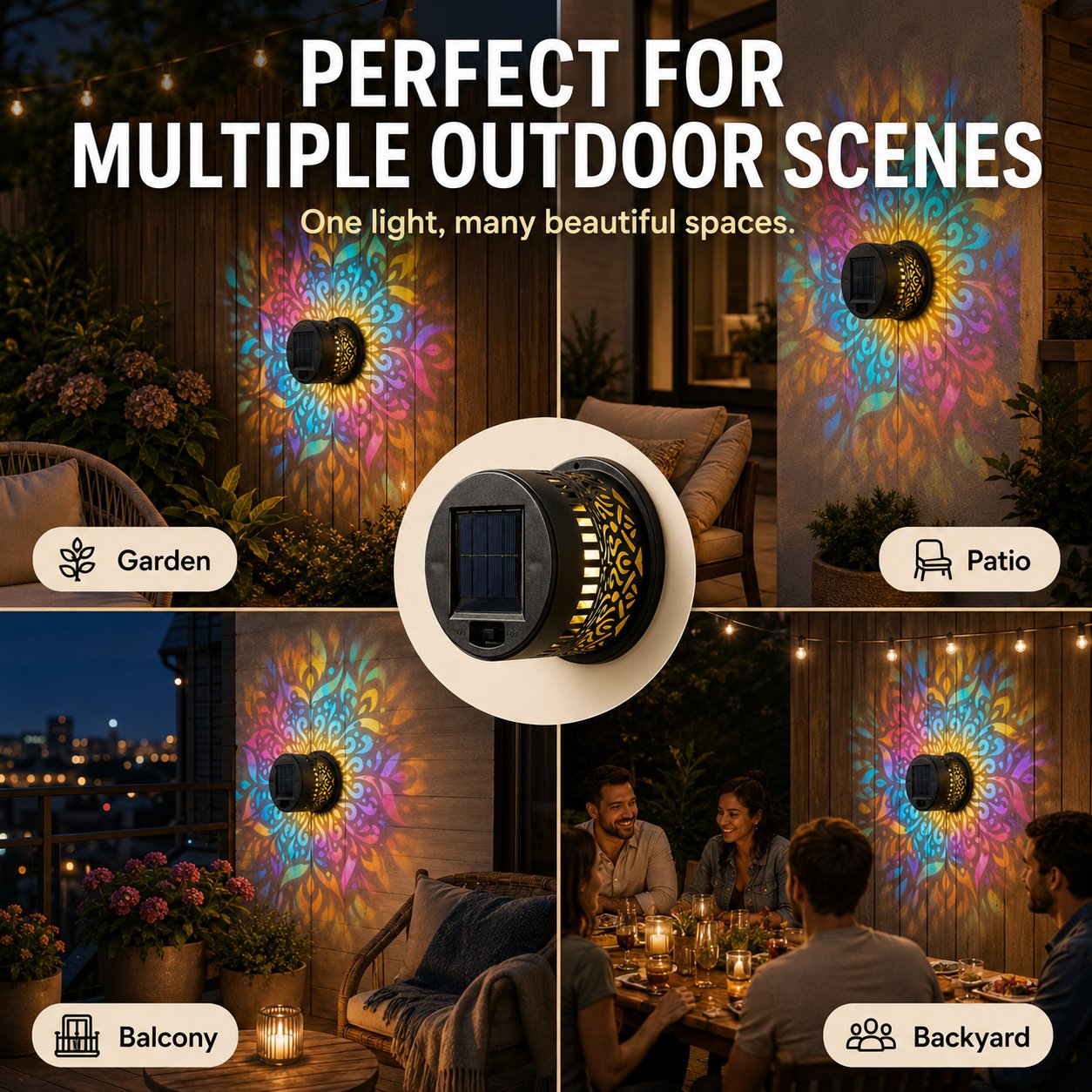 Solar Mandala Wall Light Projector for Garden, Patio & Fence Decor